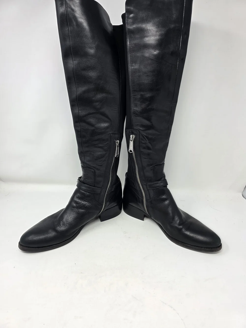 Donald J Pliner Nellie Black Leather Ankle Buckle Stretch Knee High Riding 7.5